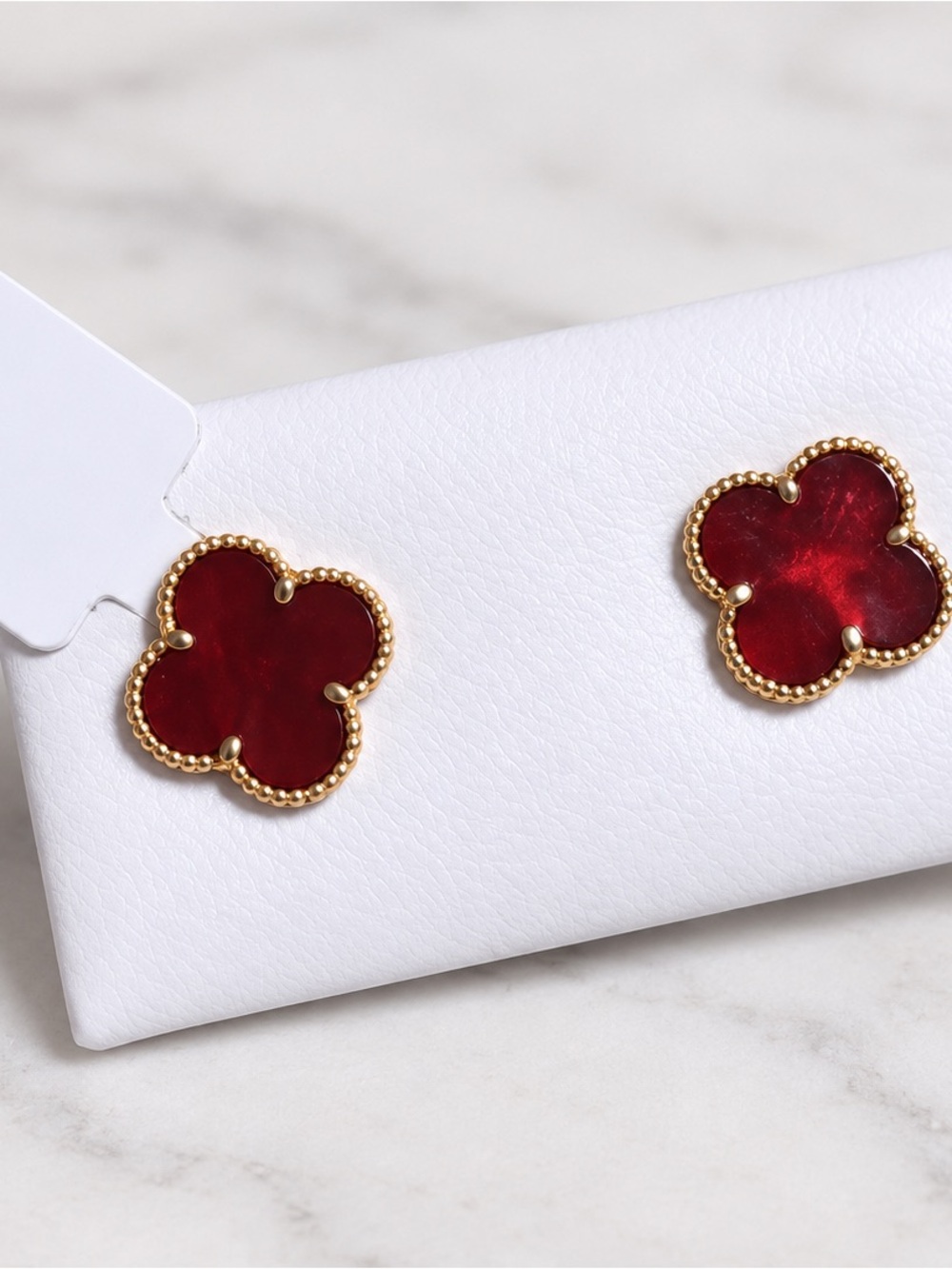 18K Real Gold Red Clover Stud Earrings 12mm
